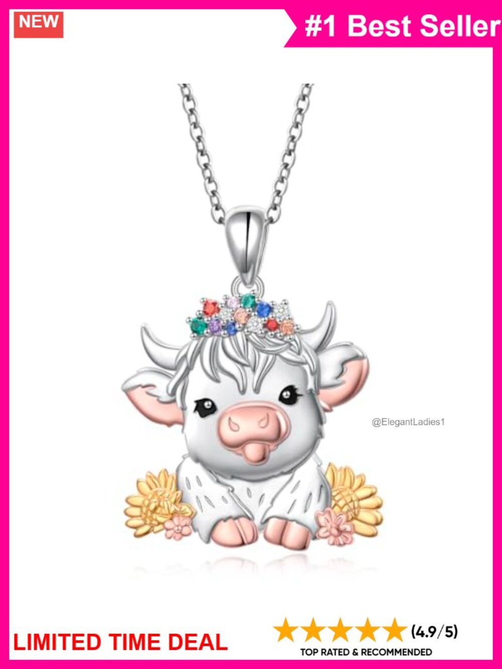 925 Sterling Silver Highland Cow Pendant Necklace Cubic Zirconia Animal Jewelry
